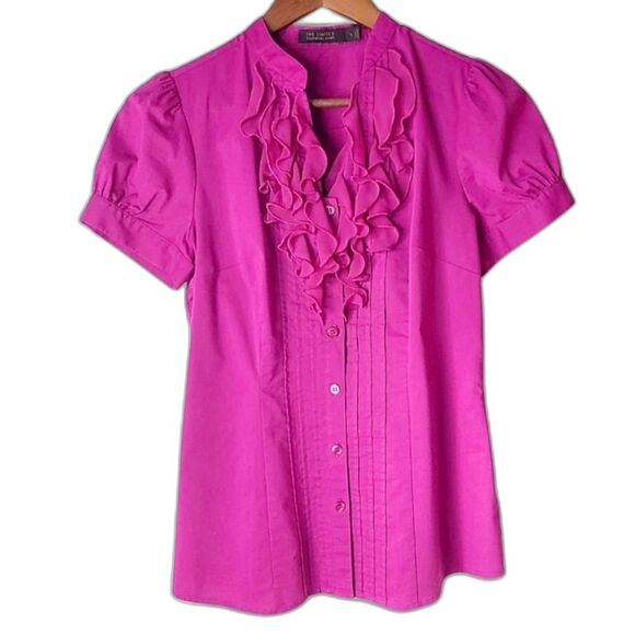 The Limited Magenta Fuschia Ruffled Blouse with Puffy Button Sleeves Sz S - Picture 3 of 9